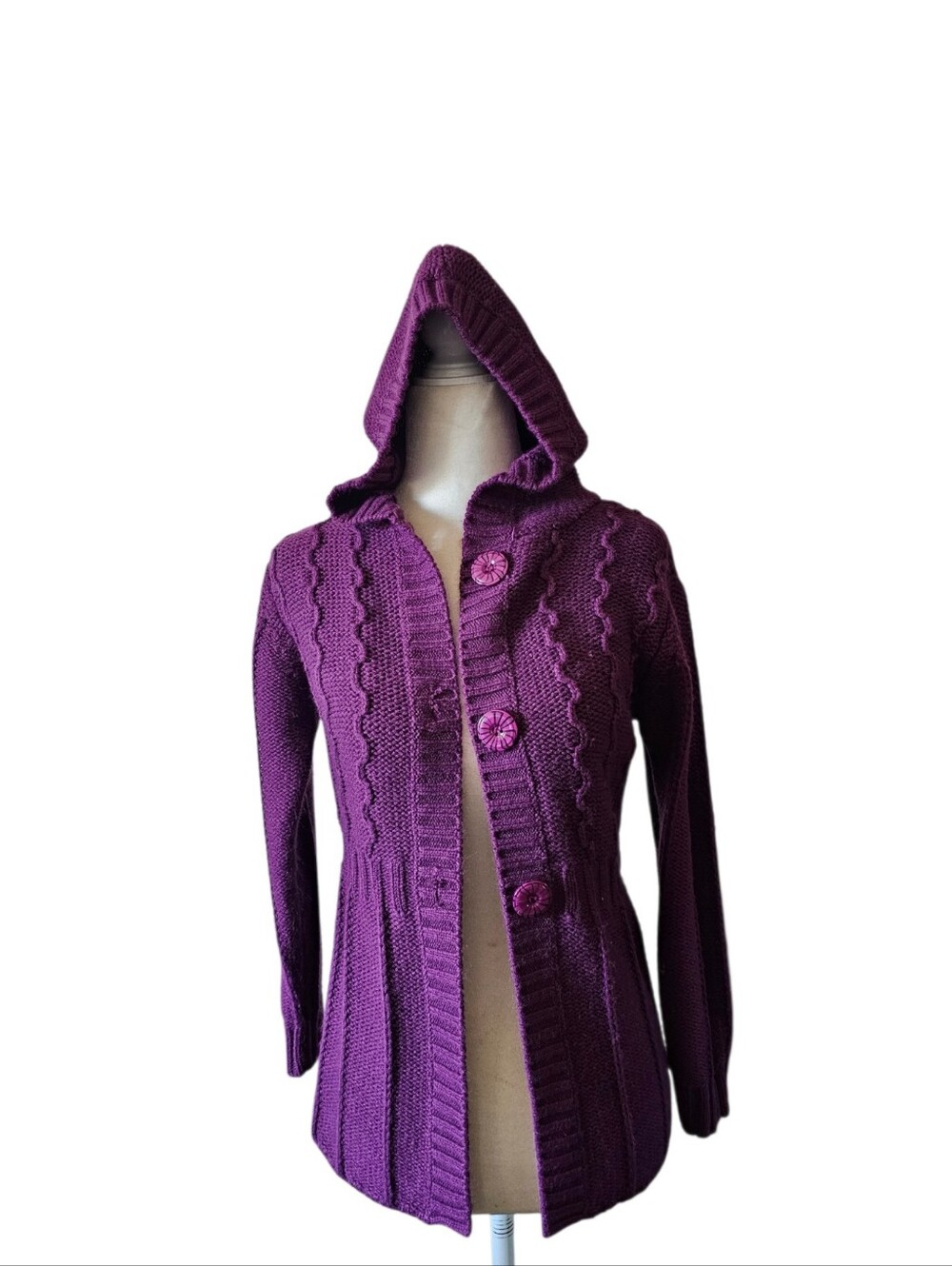 Y2K Cutie Fashion Purple Cable Knit Hooded Cardigan Sweater Size XXL Grunge